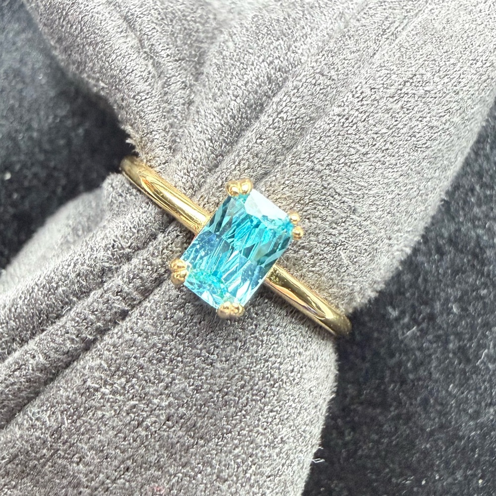 Gold Ring Sterling Silver with Blue Topaz Emerald-Cut Gemstone